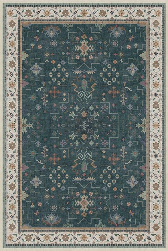 Hazo Haus Vintage Dark Green 6x9 Dining Room Rugs for Under Kitchen Table - Washable Livinig Room Rug - Unique Floral Pastel Low Pile Non-Slip Large Area Rugs for Bedroom