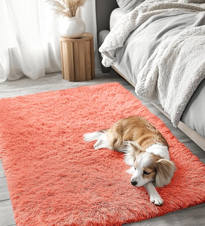 OLANLY 3x5 Machine Washable Small Bedside Rug, Soft Fluffy Shaggy Rugs for Living Room, Bedroom, Indoor Floor Carpet for Kids Girls and Boys, Preppy Dorms, Nursery, Home Decor Aesthetic, Coral Red