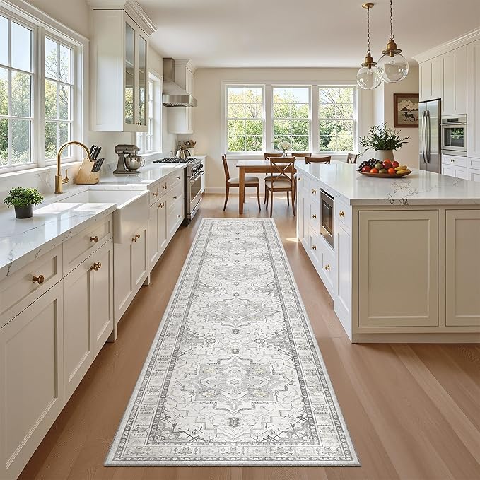 Madane Hallway Runner Rug 2x12, Long Washable Runner Rugs 12ft with Rubber Backing, Non Slip Carpet Runner, Vintage Rug Runners for Kitchen Laundry Room Entryway (Grey, 2'x12')