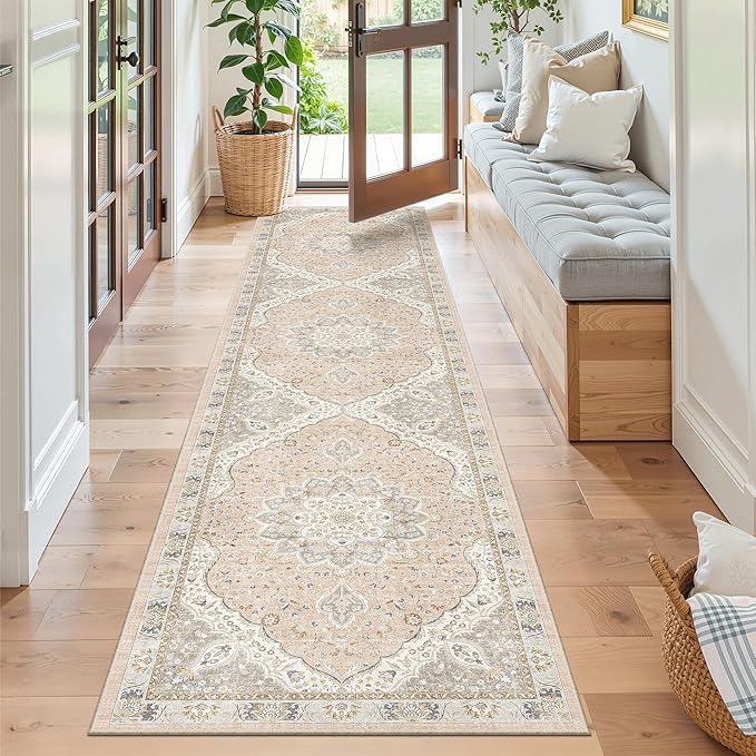 Madane Runner Rug 2x8, Washable Hallway Runner Rugs, Non-Slip Low-Pile Soft Kitchen Rug Runner Laundry Room Rug, Vintage Throw Entry Foyer Mat for Entrance Living Room (Pink/Gray, 2 x 8)