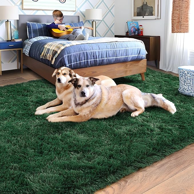 Rugs for Living Room 8x10, Soft Shaggy Modern Shag Area Rug for Bedroom, Upgrade Non-Slip Plush Fluffy Carpet for Kids Boys Girls Room Home Decor Aesthetic, Blackish Green