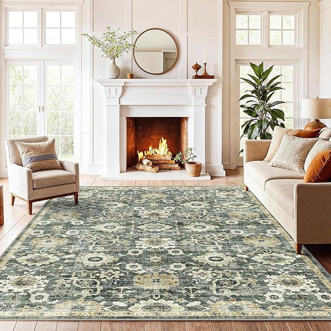 AMADA HOMEFURNISHING 6x9 Area Rugs, Blue Low-Profile Washable Rug with Non-Slip Backing & Durable Edge Binding, Vintage Rugs for Living Room, Bedroom, Dining Room