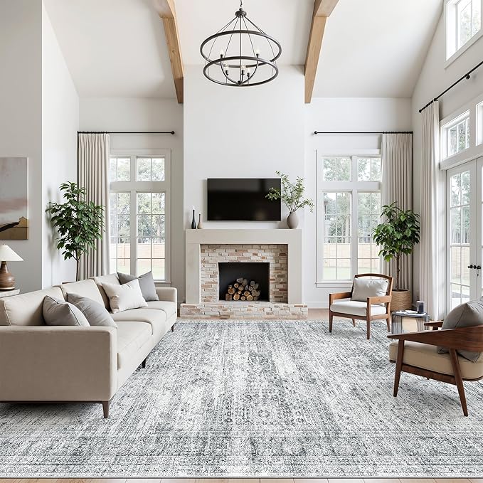 12x15 Washable Area Rug Gray Neutral Abstract Living Room Large Carpet Non Slip Bedroom Indoor Office Dining Room Low Pile Thin Grey Rug