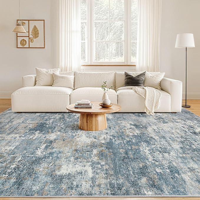 Nakagishi 9x12 Area Rugs Living Room: Washable Abstract Large Neutral Soft Rug Stain Resistant Modern Indoor Floor Non-Slip Carpet for Bedroom Nursery Kids Playroom Office Dining Room Dorm-Blue Brown
