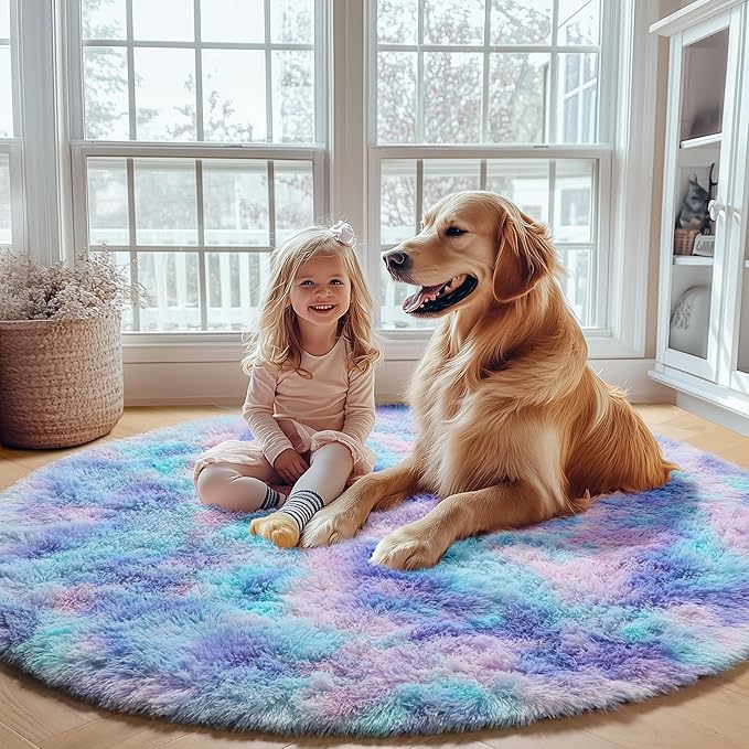 ONASAR Rainbow Round Area Rugs 5ft, Soft Bedroom Circle Rug Mats for Kids Girls Teen Room, Mermaid Fluffy Plush Shaggy Carpet for Baby Nursery Living Room Playroom Home Decor Princess Castle