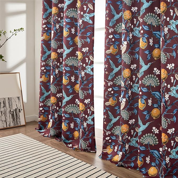 Rust Vintage Floral Curtains 84 Inch Long Luxury Whimsical Euro Flower Lemon Hummingbird Patterned Waverly Mid Century Colorful Blackout Drapes for Living Room Bedroom