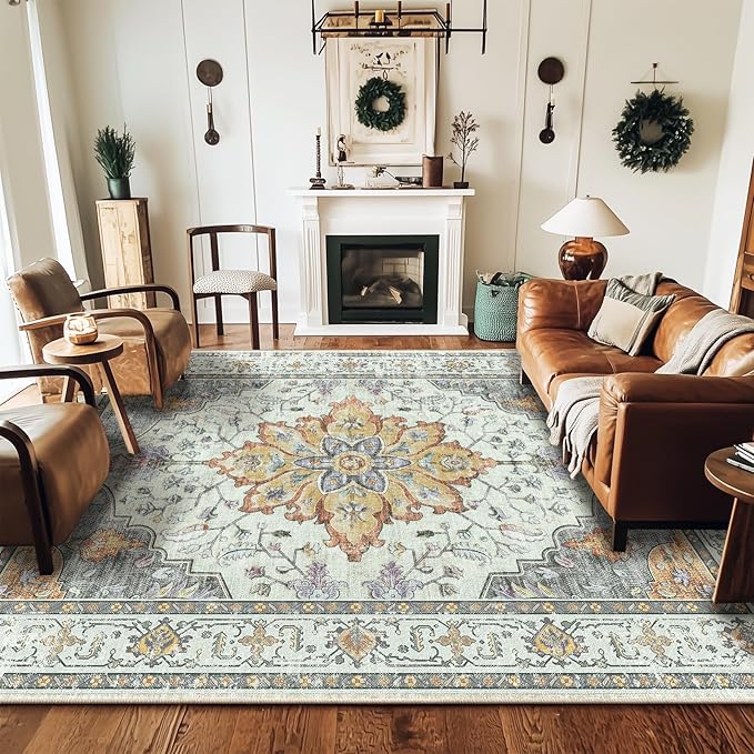 RELEANY Area Rugs 5'x7' Washable Non-Slip, Floral Vintage Distress Print Pattern Medallion Carpet for Living Room Bedroom Dining Room, Light Yellow Carbon Grey Orange