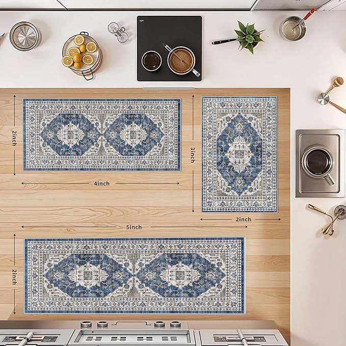 Washable 4-Piece Kitchen Floor Mats: Farmhouse Non-Slip Kitchen Sink Rug Easy Clean Water-Resistant Runners for Hallway Bathroom Soft Decorative Carpet for Pet Feeding Area(2x3+2x4+2x5+2x6,Blue)
