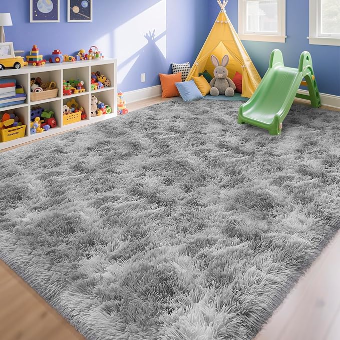 Large Area 8x10ft Carpet Tie-Dyed Grey Washable and Fluffy for Girls' Bedroom Bedside Rug