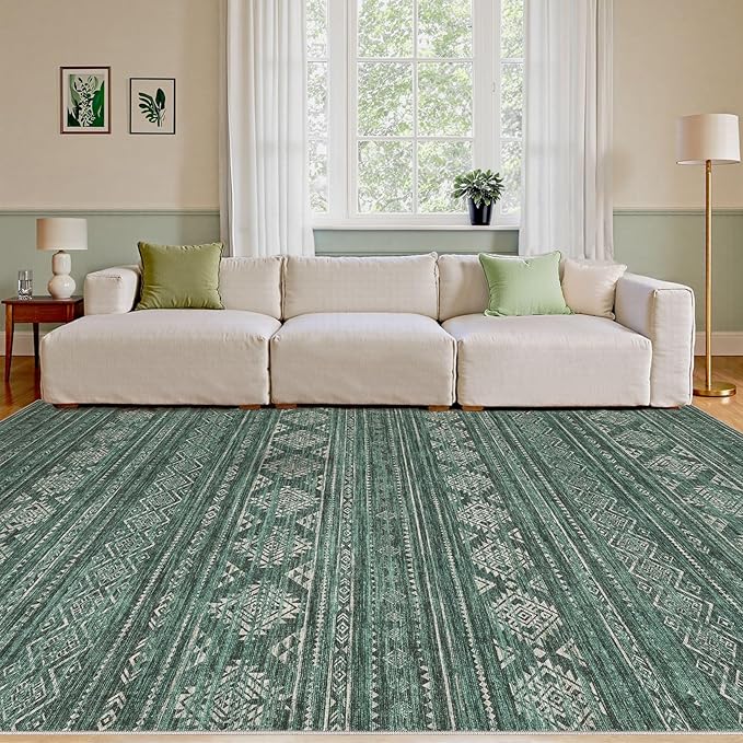 Nakagishi 8X10 Area Rugs Living Room: Washable Boho Large Neutral Modern Soft Farmhouse Green Rug Stain Resistant Indoor Floor Non-Slip Carpet for Women Home Enthusiasts Aged 25-45 - Bedroom Room