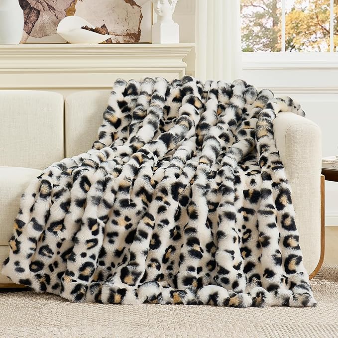 Cozy Bliss Leopard Print Faux Fur Throw Blanket for Couch, Fuzzy Soft Plush Thick Bubble Cheetah Blanket for Sofa Bedroom Living Room, 50x60 Inches