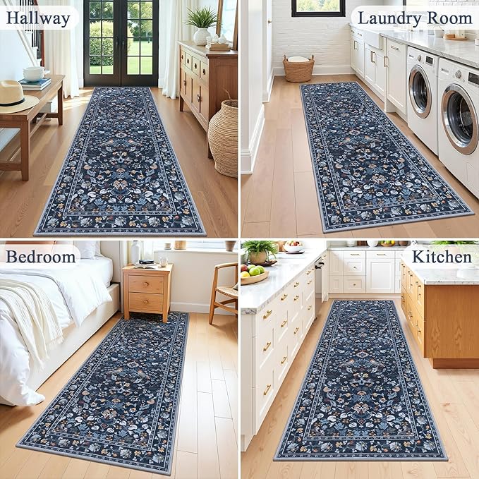 HEBE Washable Hallway Runner Rug 2'x 8' Non Slip Kitchen Rugs Runner,Low Pile Entryway Rug Laundry Room Mat Floral Carpet Runners for Hallways, Kitchen,Bathroom,Laundry,Bedside Rug