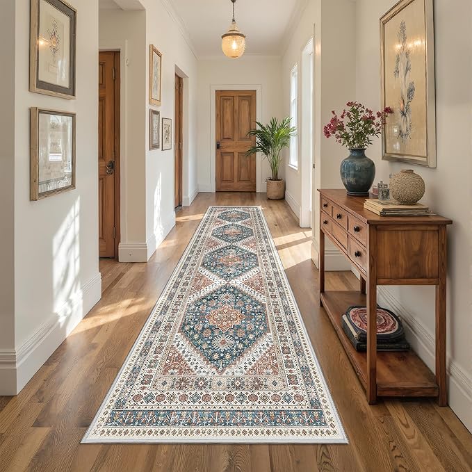 Runner Rug 2x10, Ultra-Thin Kitchen Rugs Non Slip Washable Rugs for Entryway Rug, Kitchen Runner Low Pile Vintage Soft Carpets for Living Room, Bathroom Bedroom (Blue/Red,2'x10')
