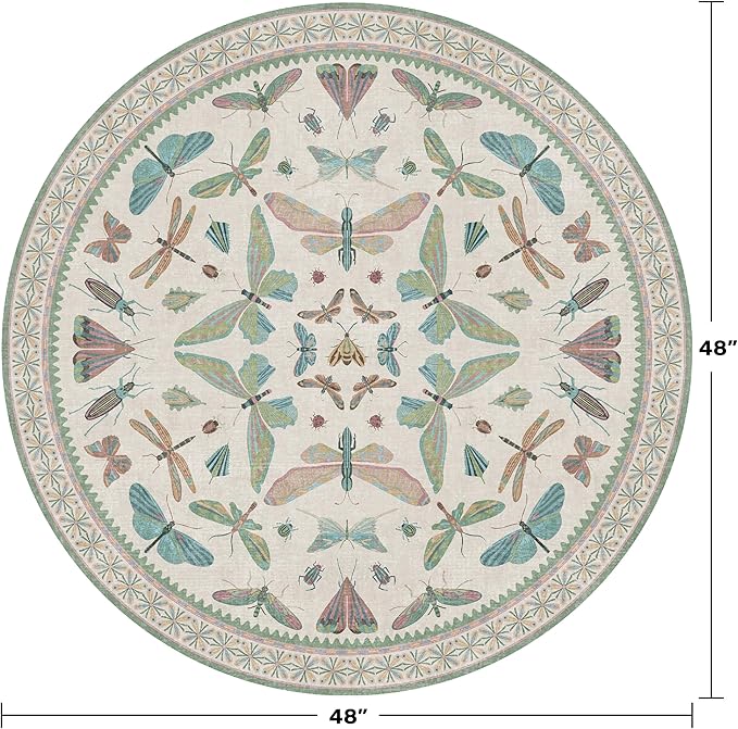 Cream Round Rugs 4ft for Living Room - Soft Washable Small Circle Throw Rugs for Kids Bedroom, Baby Nursery, Playroom, Reading Corner, Insect Stain Resistant Floor Carpet, Beige Green