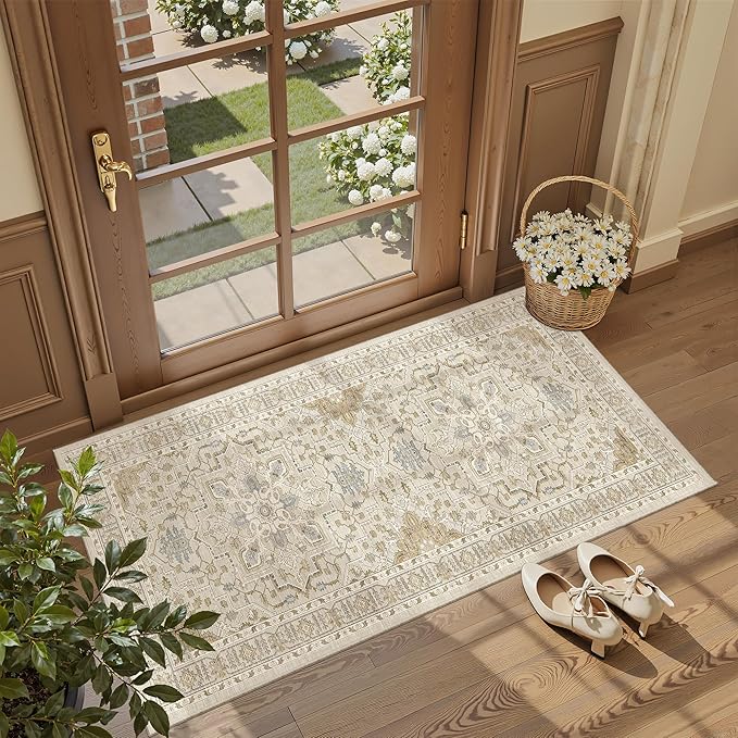 Madane Washable Area Rug 2x4, Small Entryway Rug Non-Slip Vintage Door Mat Indoor Entrance, Low Pile Floor Carpet Runner for Inside Front Door Kitchen Entry Laundry, Beige/Blue