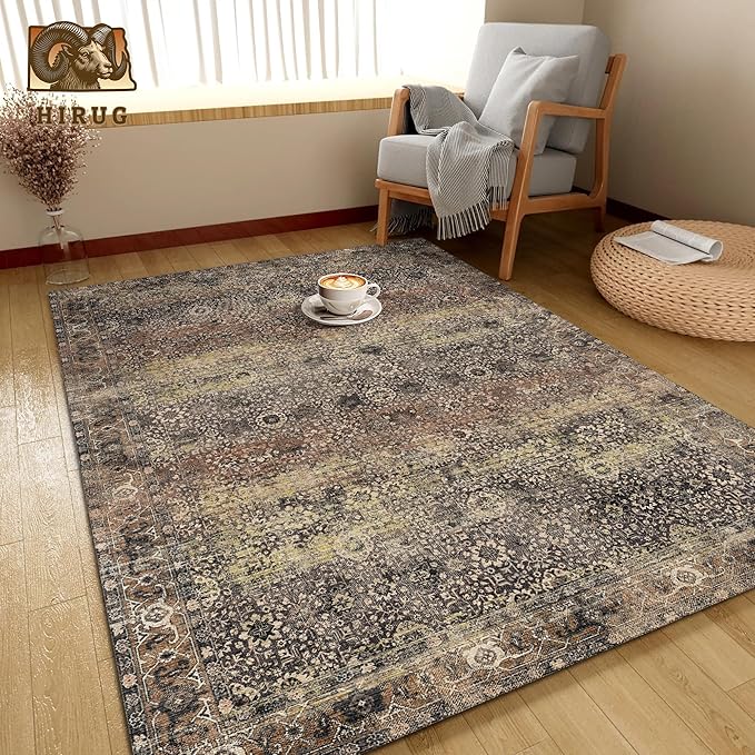 Washable Area Rug 5' x 7' Vintage Traditional Persian Mat - Foldable Distressed Non-Slip Machine Washable Carpet for Living Room Bedroom Kitchen Home Decor - Umber and Slate