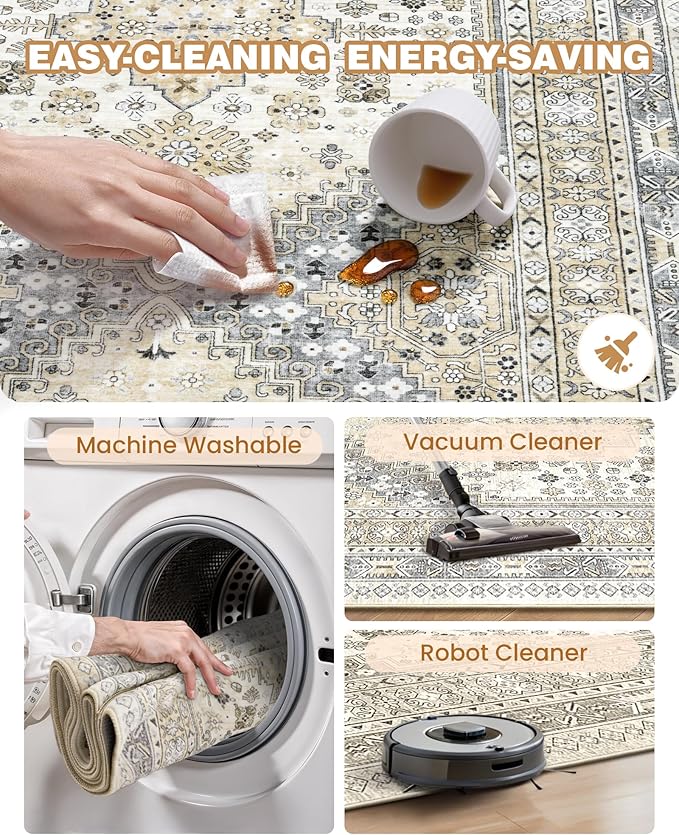 3x10 Runner Rug Non Slip Washable for Entryway, Front Porch, Vintage Hallway Runner for Laundry Room, Bedroom, Stain Resistant Thin Indoor Kitchen Mats for Floor(Beige,3'x10')