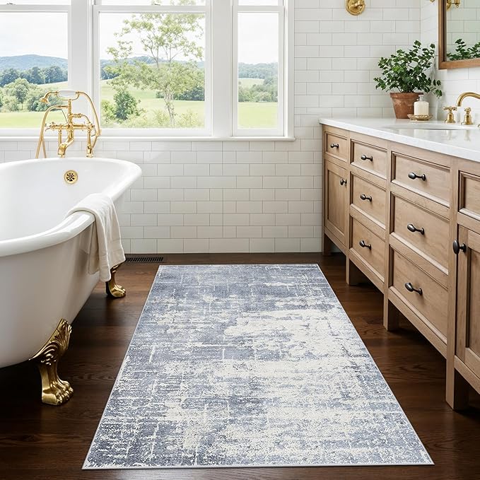 Washable 3x4 Kitchen Area Rugs: Abstract Stain-Resistant Sink Rug Non-Slip Durable Doormat Soft Bedroom Nursery Besides Carpets Indoor Water-Resistant Bathroom Floor Mat for Family(3x4,Blue/Ivory)