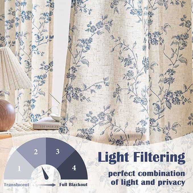 Lazzzy 90 Inch Length Curtain for Living Room Bedroom Blue Floral Drapes Linen Farmhouse Vintage Light Filtering Curtains Rod Pocket Back Tab, 2 Panels, Blue on Beige