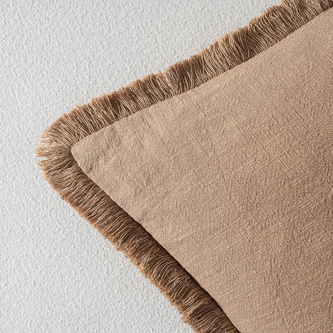 MIULEE Decorative Throw Pillow Covers Neutral Linen Fringe Throw Pillows Euro Shams Set of 2 Brown Boho Farmhouse Cushion Covers for Couch Sofa Bed Living Room Spring Home Decor 28x28 Inch