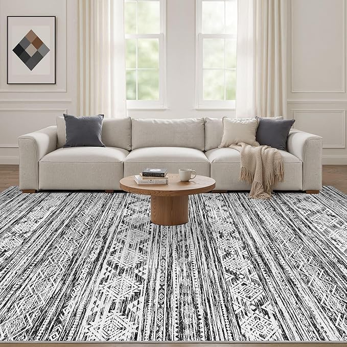 Nakagishi Area Rug Living Room Rugs: 7X9 Machine Washable Boho Large Neutral Farmhouse Stain Resistant Moroccan Indoor Floor Carpet for Bedroom Nursery Dorm Dining Room Home-White Black