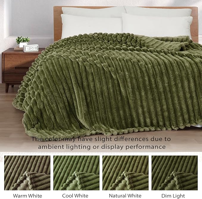 Exclusivo Mezcla King Size Flannel Fleece Blanket, Super Soft Striped Jacquard Bed Blanket, Lightweight Fuzzy Cozy for All Seasons, 90x104 Inches, Olive Green