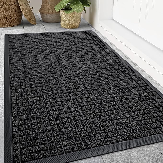Smiry Front Door Mat Outside Entrance, Heavy Duty Natural Rubber Doormat, Non Slip, Trap Dirt and Moisture, Easy Clean, Low Profile Welcome Floor Mats for Indoor Outdoor Entry, 47x32 Inch, Black