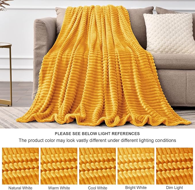 BEDELITE Fleece Blanket King Size – 3D Ribbed Jacquard Soft and Warm Decorative Fuzzy Blankets – Cozy, Fluffy, Plush Lightweight Throw Blankets for Couch, Bed, Sofa(Mustard Yellow, 108x90 inches)