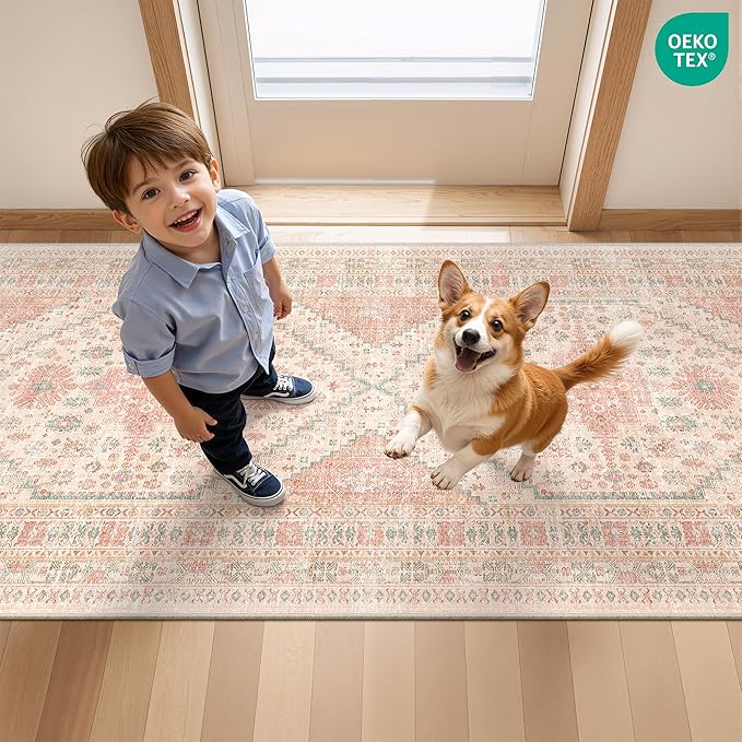 Runner Rug 2x8 Runners for Hallways Non Slip Washable, Vintage Hallway Runner Rugs for Living Room, Low Pile Soft Hallway Rug for Kitchen Bedroom Laundry Room Rug(Pink,2'x8')