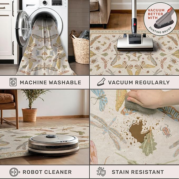Hazo Haus Boho 2x5 Long Bathroom Rug - Laundry Room Rug Runner for Kitchen, Washable Non Slip Soft Stain Reistant Beige and Yellow Neutral Insect Design Decor