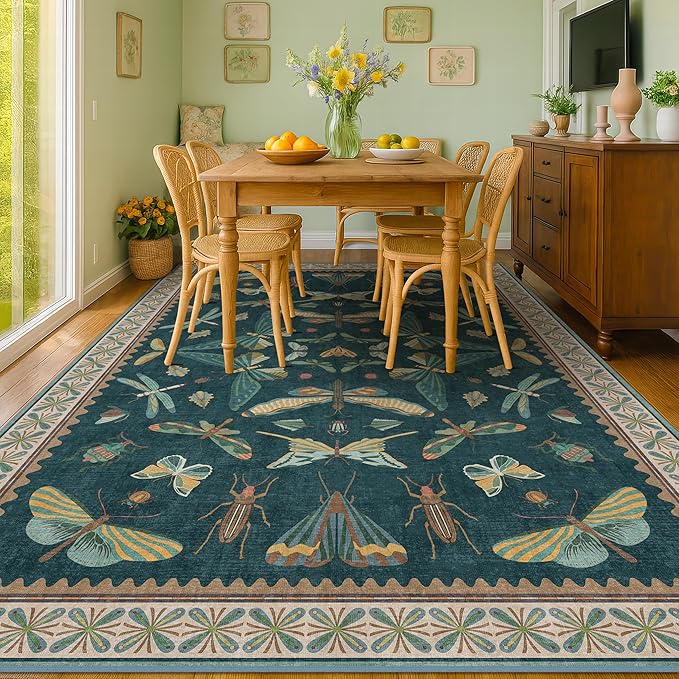 Hazo Haus 9x12 Large Living Room Rug - Dark Teal Multi Dining Room Rugs for Under Table, Bedroom, Kids Room, Classroom, Insect Butterfly Floral Décor, Lightweight Non Slip Low Pile