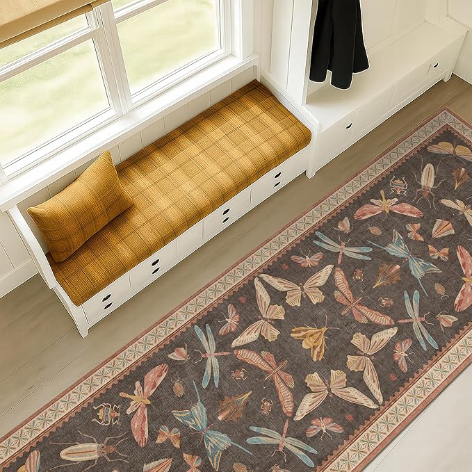 Hazo Haus 2'6"x8' 8ft Long Hallway Runner Rug, Stain Resistant Non-Slip Kitchen Floor Mats, Boho Front Door Rug Indoor Entrance, Whimsical Insect Moth Décor, Low Pile & Soft (Orange and Brown)