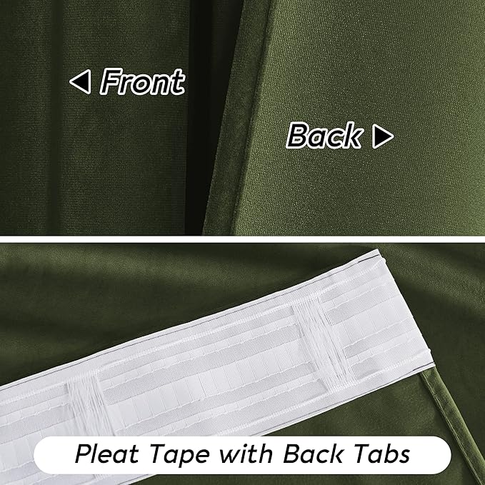 RYB HOME Olive Green Velvet Curtains with Hook Tape, Thermal Insulated Privacy Protect Decorative Drapes for Home Theater, W 52 x L 72 inches, 2 Panels Set