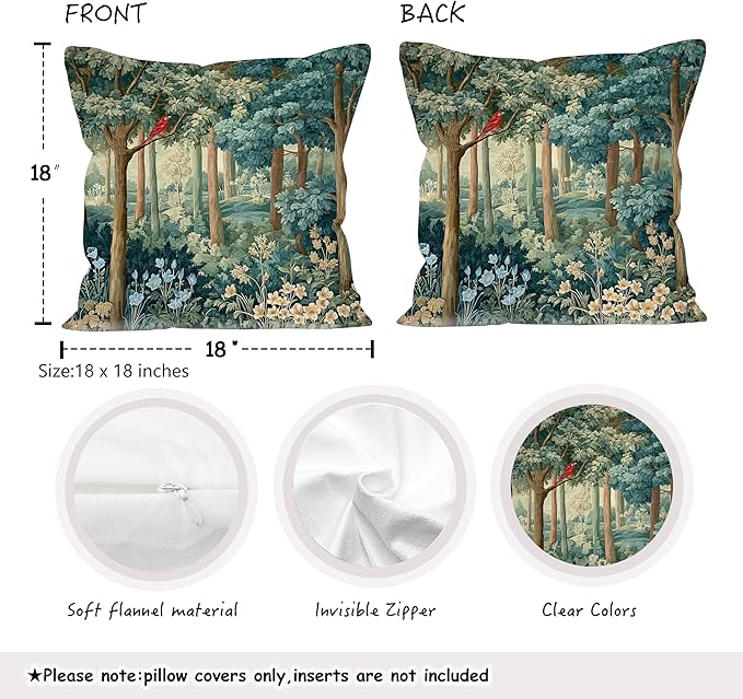 Rustic Spring Forest Green Pillow Covers 18x18 Set of 4, Cottagecore Forest Nature Botanical Wildflower Decorative Throw Pillow Covers for Sofa Bed Bedroom Living Room