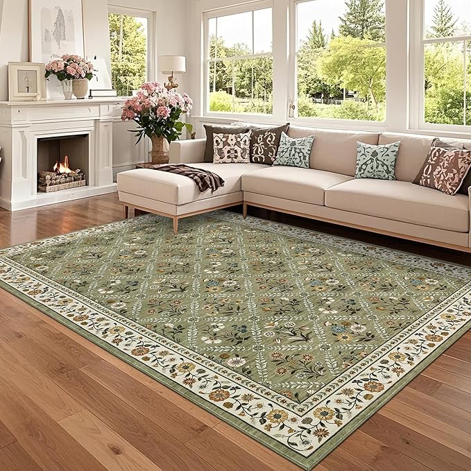 6x9 Machine Washable Area Rugs for Living Room Floral Stain Resistant Soft Carpet Vintage Low Pile Non Slip Non-Shedding Floor Carpet Rugs for Bedroom Nursery Green