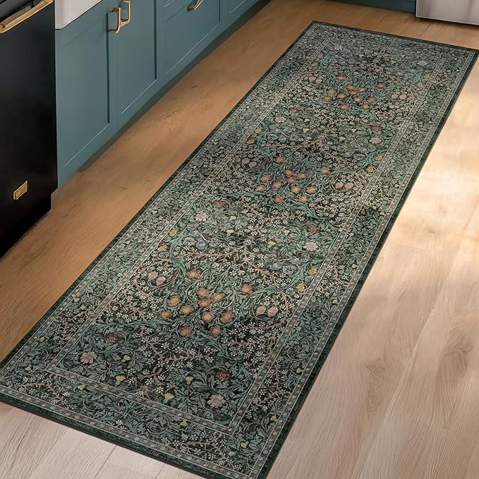 Non Slip 2x6 Kitchen Runner Rug Washable, Rubber Backed Bathroom Runner, Boho Vintage Floral Botanical Dark Green Non Skid Low Pile Soft Carpet for Entryway, Laundry Room, Hallway Mats for Floor