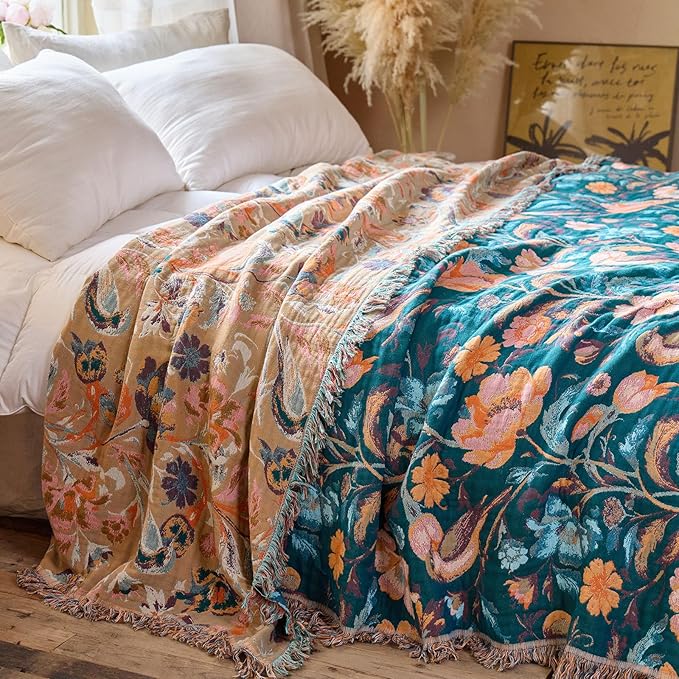 MSGKV Boho Throw Blanket for Bed 60"x80" Cotton Birds Floral Twin Size Couch Blanket Muslin Spring Breathable All Seasons Lightweight Farmhouse Blankets