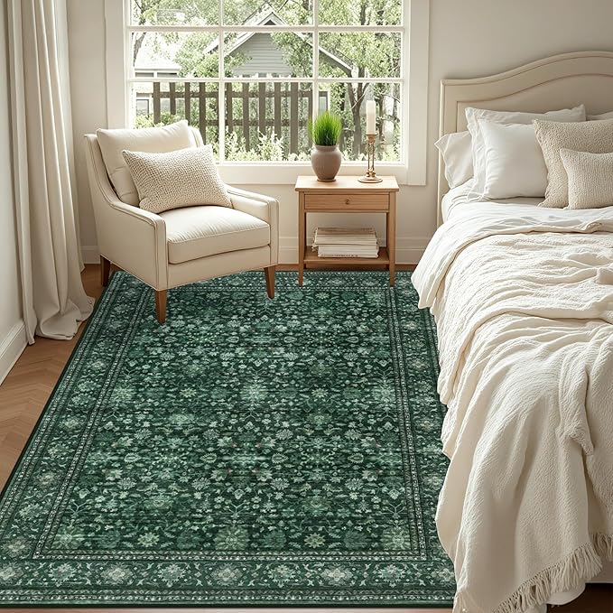 6x9 Area Rugs Living Room Rug: Washable Vintage Distressed Floral Rug No Slip Stain Resistant Soft Carpet Indoor Large Carpets for Bedroom Dining Room Farmhouse Nursery Home Office Deep Green