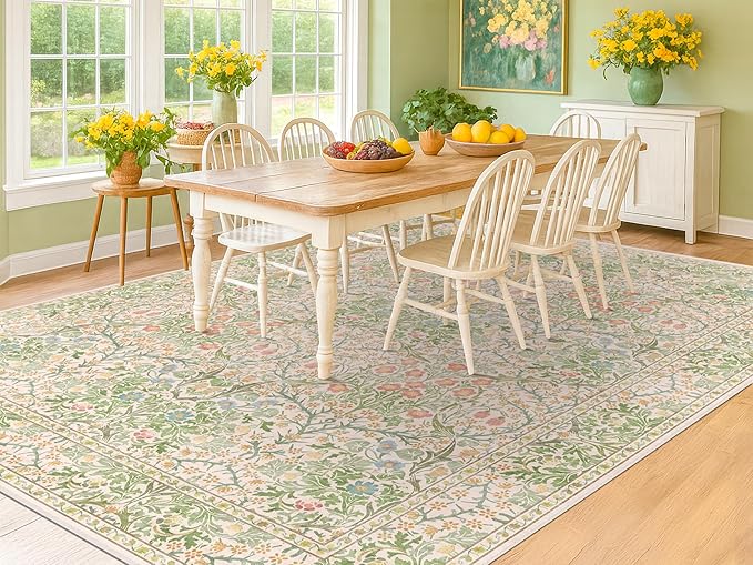 Beige Green 6x9 Washable Area Rugs for Dining Room, Nursery, Bedroom, Living Room, Kids Playroom, Ultra Soft Low Pile Non-Slip - Vintage Light Green Floral Indoor Carpet Stain Resistance