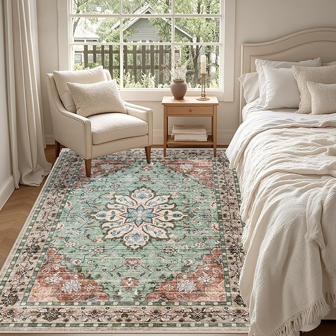 6x9 Area Rugs Living Room Rug: Washable Vintage Distressed Floral Rug No Slip Stain Resistant Soft Carpet Indoor Floor Large Carpets for Bedroom Dining Room Farmhouse Nursery Home Office Brown Green