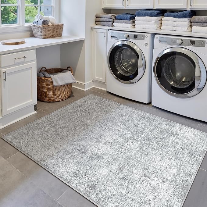 PureCozy 3x5 Area Rug Washable Vintage Entryway Living Room Carpet Indoor Office Non Slip Grey Entrance Distressed Low Pile Retro Accent Throw Rug for Dining Room Bathroom Bedroom Laundry