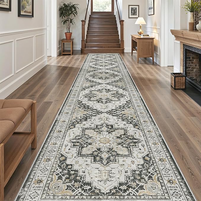 Madane Hallway Runner Rug 3x16 - Vintage Non Slip Washable 16ft Kitchen Runner for Entrance Soft Long Carpet Runners for Living Room Bathroom Low Pile Floor Mat for Bedroom Dining Room, Black