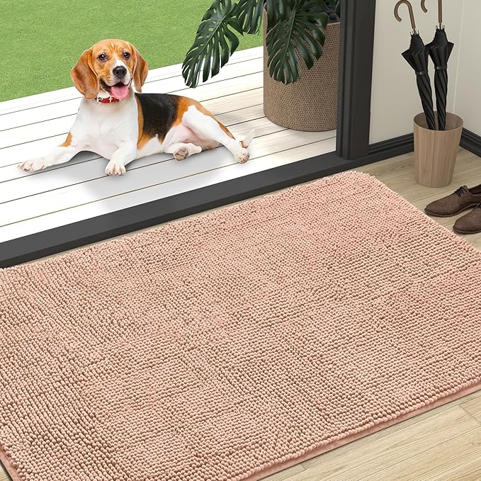 OLANLY Dog Door Mat for Muddy Paws 47x32, Absorbs Moisture and Dirt, Absorbent Non-Slip Washable Doormat, Quick Dry Chenille Mud Mat for Dogs, Entry Indoor Entryway Carpet for Inside Floor, Peach