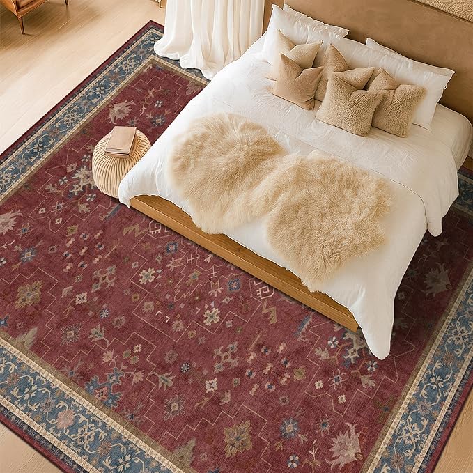 Hazo Haus Oriental 9x12 Soft Rugs for Living Room - Dark Red Rugs for Bedroom Aesthetic, Dining Room Under Kitchen Table, Washable Soft Non Slip Large Area Vintage Décor