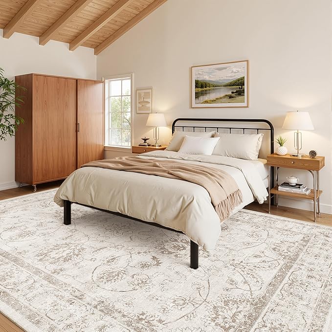 Madane Living Room 10x14 Area Rugs,Washable Low Pile Non-Slip Stain Resistant Extra Large Thin Rug, Vintage Soft Throw Carpet for Dining Room Bedroom Farmhouse Home Office Decor (10 x 14, Brown/Ivory)