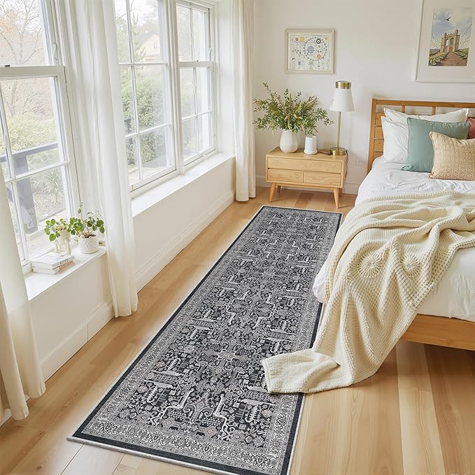 Washable 2x8 Runner Rug - Non Slip Vintage Kitchen Runner Rugs Low-Pile Distressed Long Rugs for Hallway Waterproof Indoor Carpet for Living Room Bedroom Entryway 2x8 Black