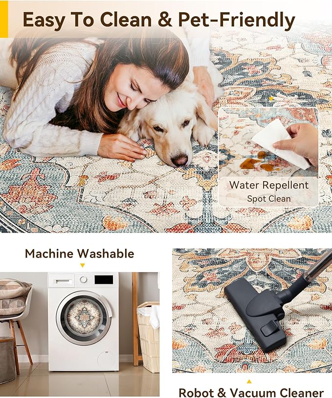 Area Rugs 4ft Washable Non-Slip, Floral Vintage Distress Print Pattern Medallion Carpet for Living Room Bedroom Dining Room, Beige Navy Blue Orange Colorful