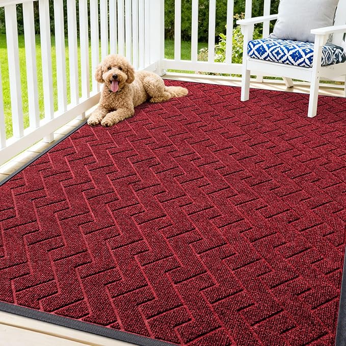 OLANLY Front Door Mat Indoor Outdoor Entrance, Waterproof All-Season, All-Weather Doormat, Sturdy Natural Rubber, Low Profile, Easy Clean Patio Porch Entryway Mat, Herringbone Brick (Wine Red, 71x47)