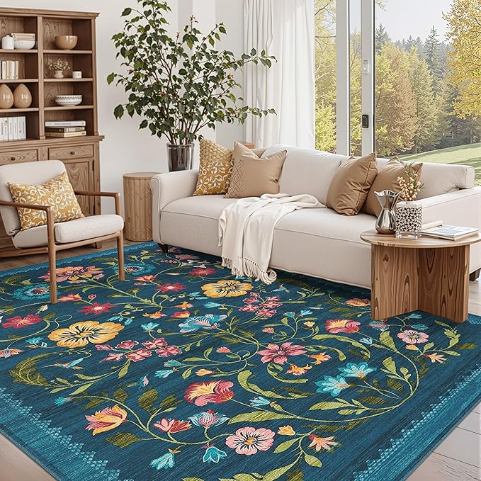 GarveeHome Washable Rug 9x12 Area Rugs for Living Room, Floral Rug for Bedroom, Soft Vintage Non Slip Throw Rugs with Rubber Back, Low Pile Stain Resistant Boho Floral Carpet for Dining Room, Blue