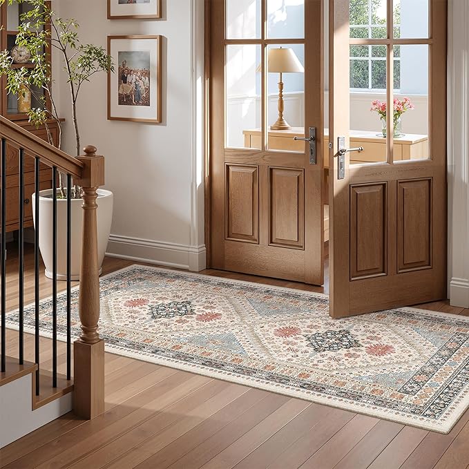 2x5 Rug Runner Washable for Entryway, Soft Bathroom Rugs with Non-Slip Backing,Vintage Low Pile Stair Runner, Small Kitchen Carpet for Hallways, Laundry Room(Blue/Red/Multi,2'x5')